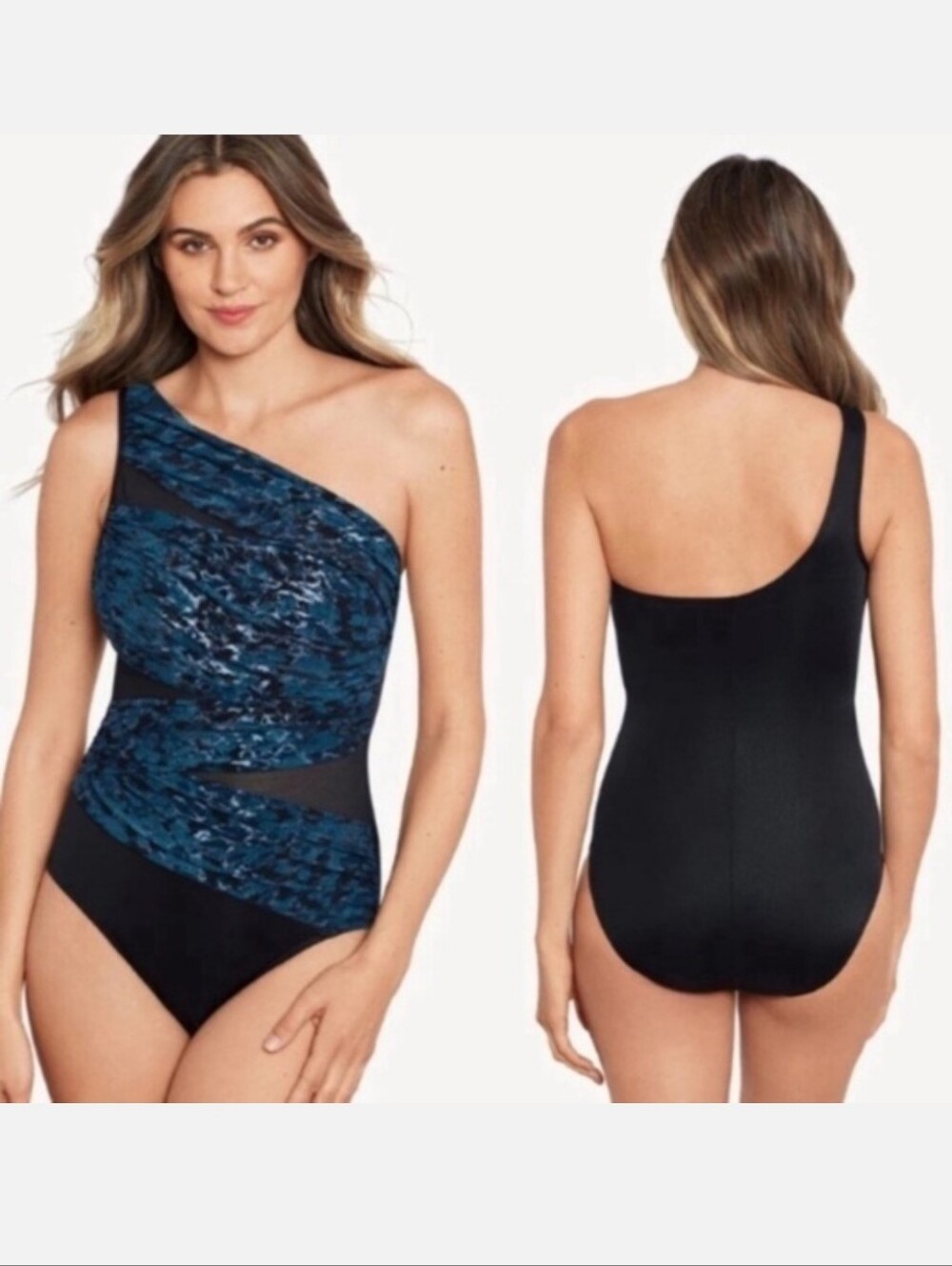 Miraclesuit Jena One-Shoulder One-Piece Swimsuit Size 6 Blue Black Abstact Print